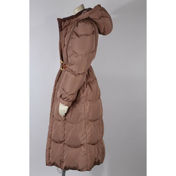 Vintage Beige Down Puffer Long Coat Jacket Quilted Leather Belt Warm Size L - Picture 8 of 12